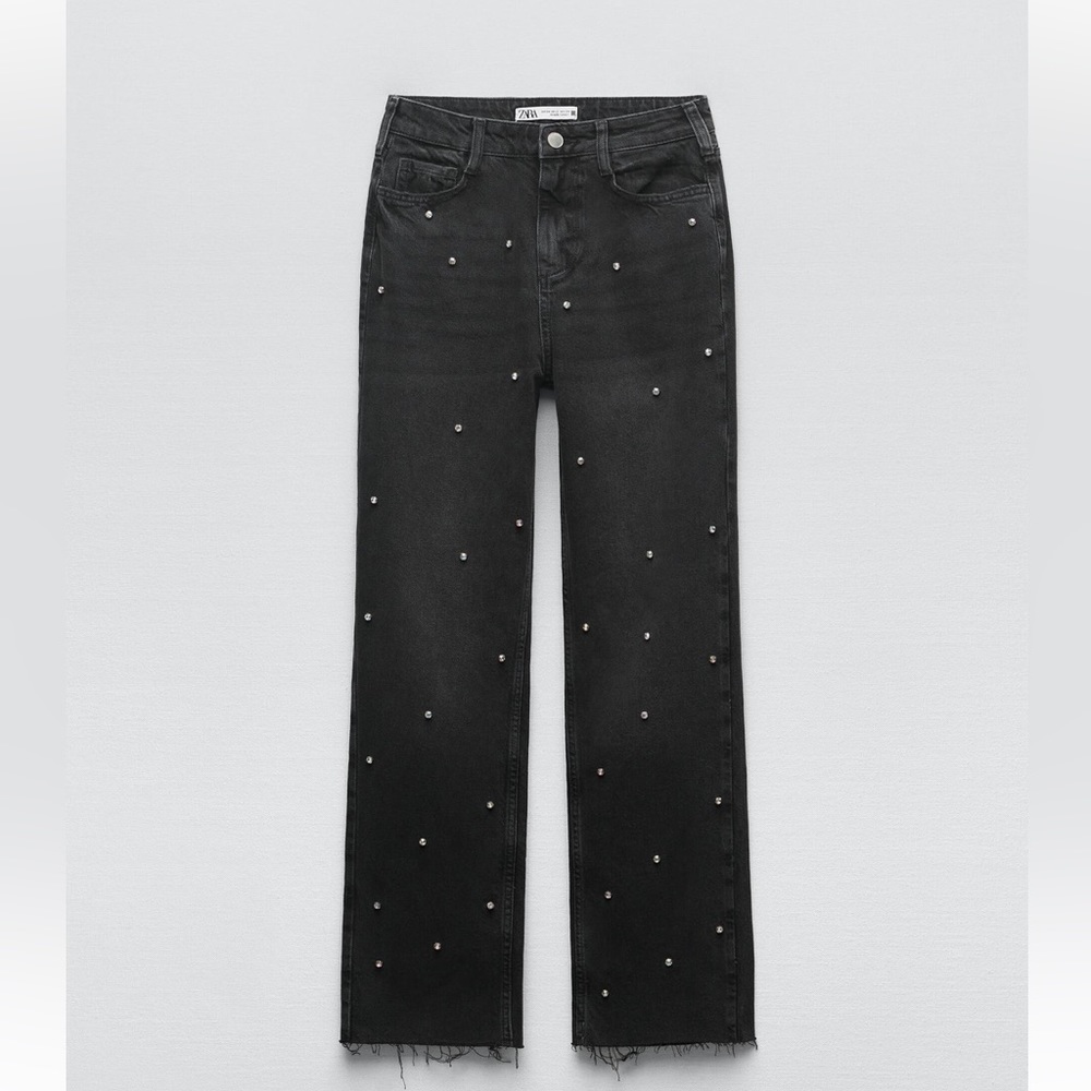 ZARA Z1975 HIGH RISE STRAIGHT CROPPED JEWEL , rhinestone jeans